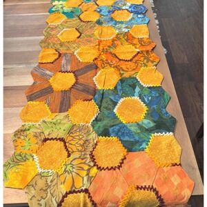 Vintage Handmade Patchwork Hexagon Table Runner Boho Cottagecore. 70s-80s